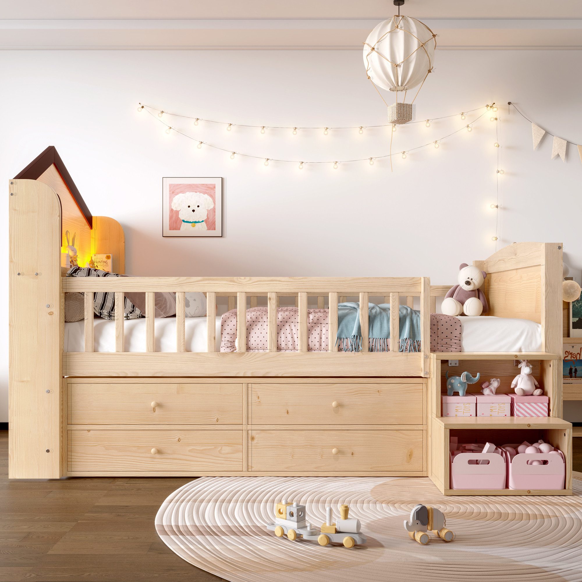 Merax Kinderbett in Hausform (1-tlg., Kieferholz Jugendbett Einzelbett Hausbett Kinderhaus), Hochbett 90x200cm mit LED-Lichtleiste, 4 Schubladen & Regalleiter