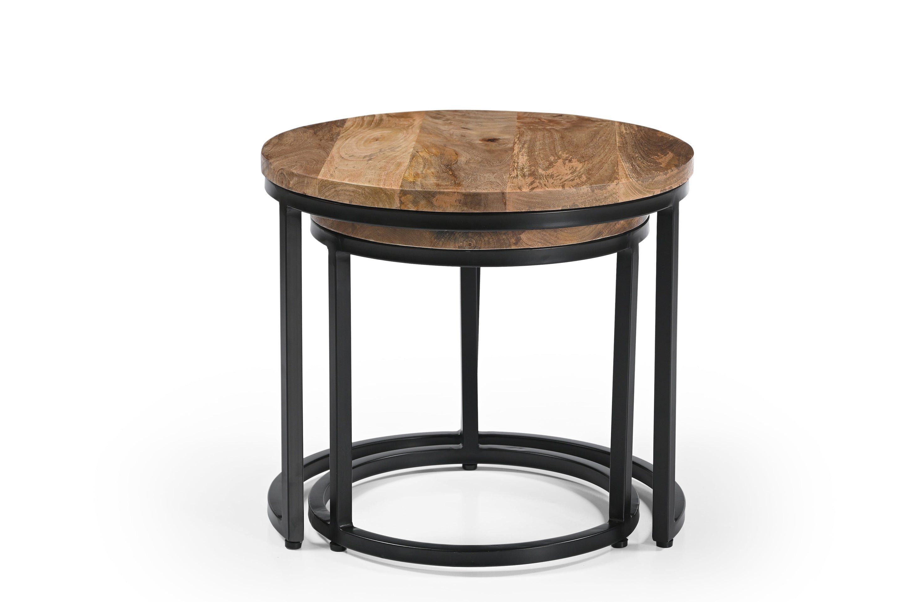 iAnanas Satztisch Satztisch rund aus Massivmangoholz Metallbeinen Industrial Wohnzimmer (Runder Sofatisch 2er Set Massivholz Beistelltische Industrial Design, 2-St., Satztisch-Set), 2er Couchtisch Set Rund Holz Beistelltische Modern Loft Design