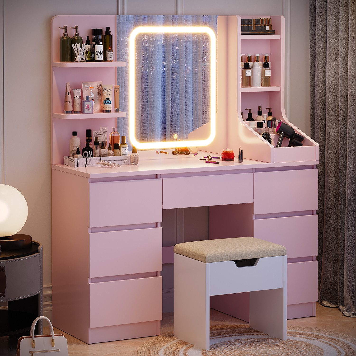 HOMALL Schminktisch Schminktisch mit Spiegel und LED Mit 7 Schubladen und 8 günstig online kaufen