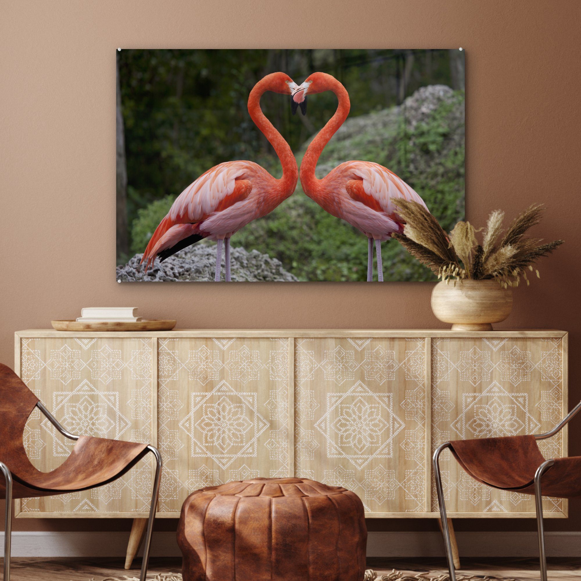 mit St), Flamingos Schlafzimmer Zwei Herz, & Hälsen (1 ein bilden Acrylglasbild Acrylglasbilder MuchoWow ihren Wohnzimmer
