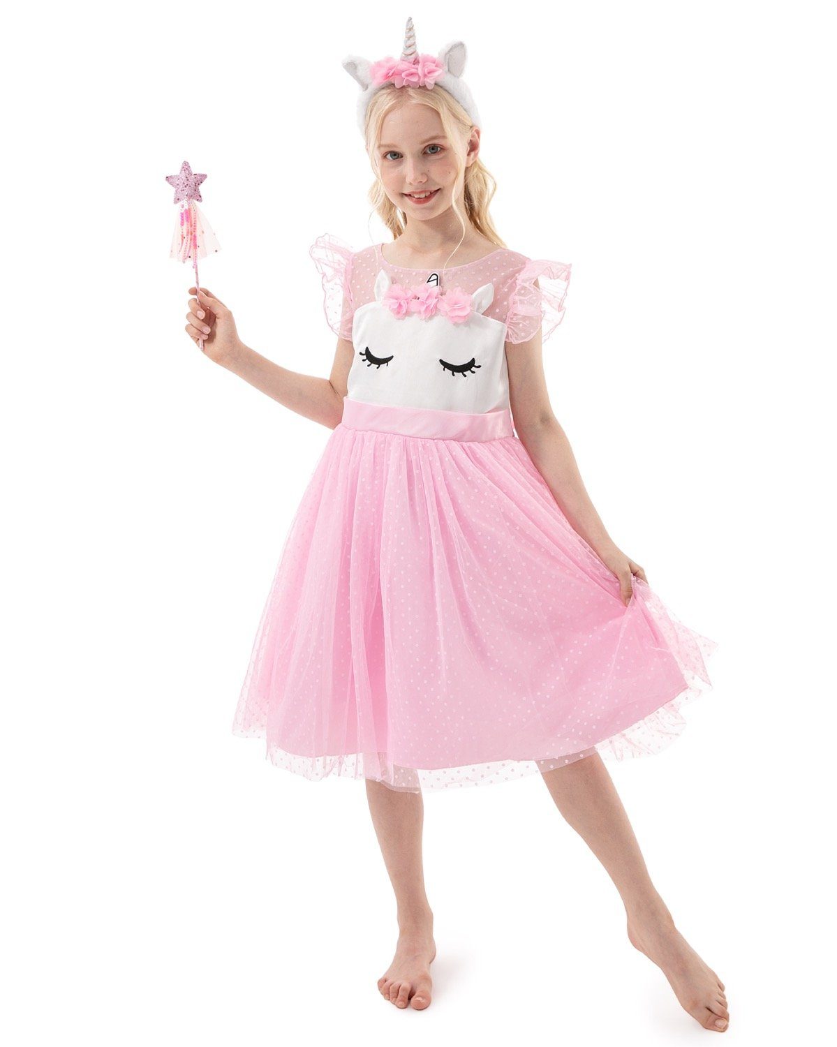 Corimori Prinzessin-Kostüm Bequemes Einhorn Kleid für Kinder, Karneval Set, mit Flügeln, Haarreif, Glitzer Zauberstab und Tattoos, Größe 140/146