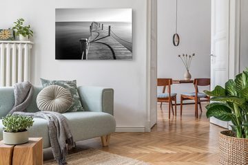 Sinus Art Leinwandbild 120x80cm Wandbild auf Leinwand Schwarz Weiß Fotografie Holzsteg Meer H, (1 St)