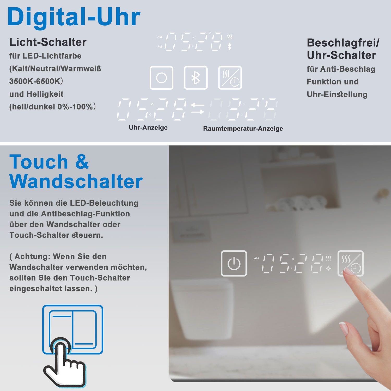 duschspa Badspiegel mit LED Beleuchtung Kalt/Neutral/Warmweiß dimmbar Beschlagfrei, Bluetooth 5.0, Uhr – Bild 4 von 5