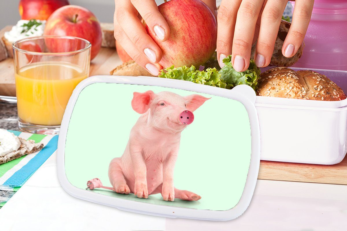 MuchoWow Lunchbox Schwein - Rosa Mädchen Brotbox Erwachsene, Kunststoff, Tiere, und für - Kinder (2-tlg), weiß und Sockel - Brotdose, Jungs für