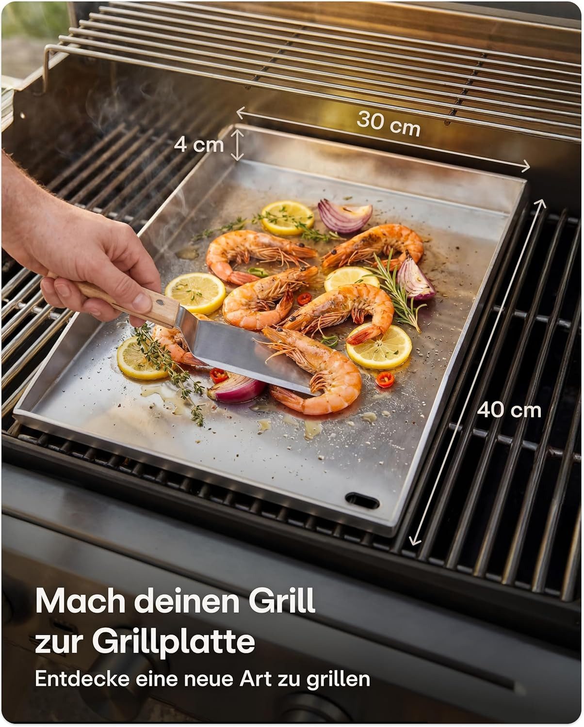 Praknu Grillplattenaufsatz Plancha Edelstahl 40x30cm – Teppanyaki, Fettablauf, 2 Grillspatel, Edelstahl, (Set mit Zubehör, Edelstahl-Plancha 40x30cm, 2 Spatel,  – Bild 2 von 5