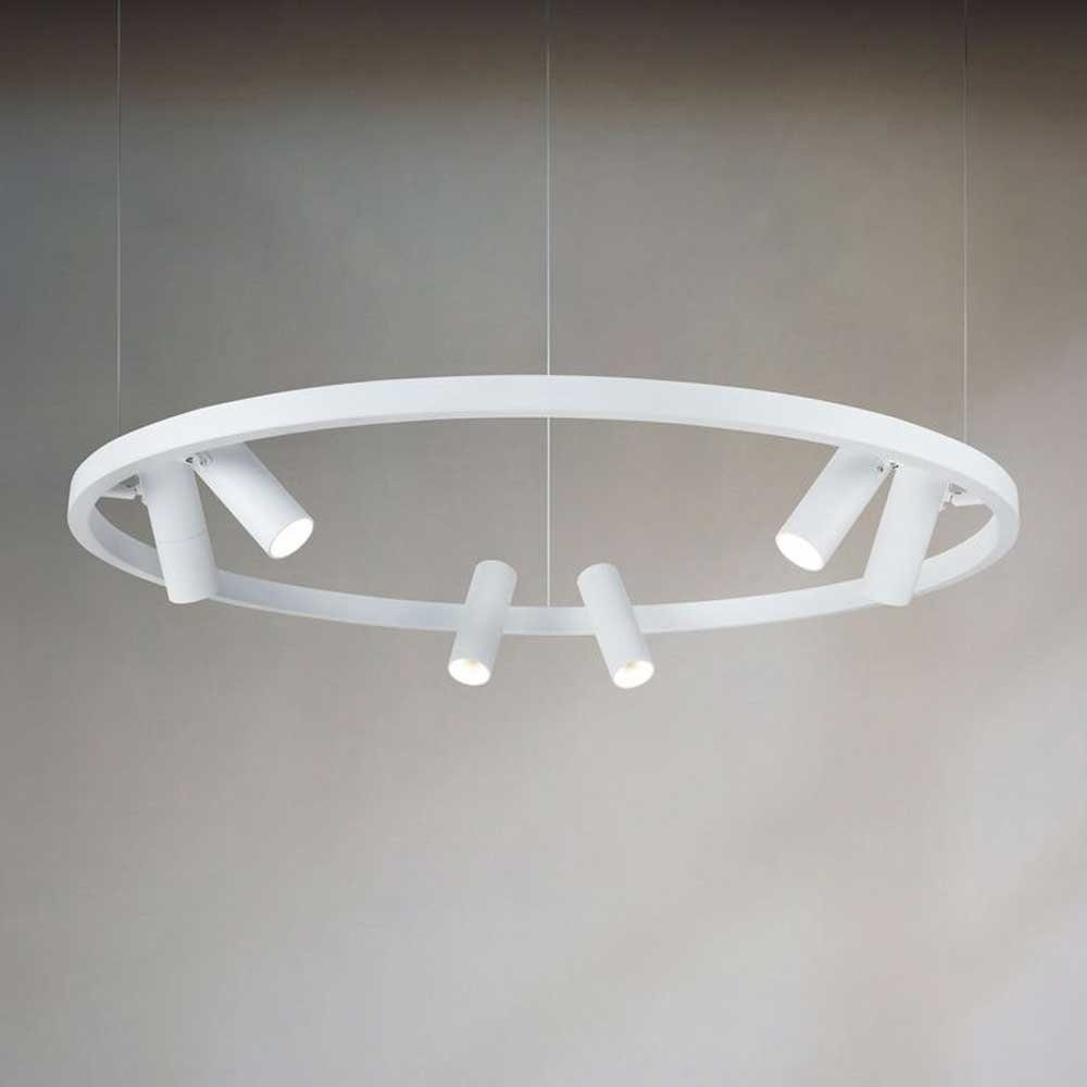 Licht-Trend Pendelleuchte LED-Hängeleuchte Neonu Ring mit 6 Spots Ø 100cm Weiß, Warmweiß