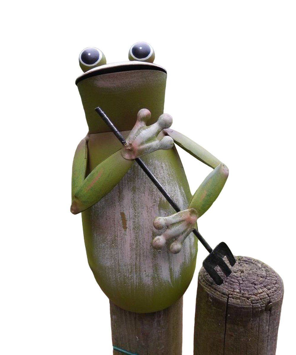 Dekofigur Zaunfigur Zaunhocker Gartendeko arbeitsamer Frosch mit Forke 15,5 cm