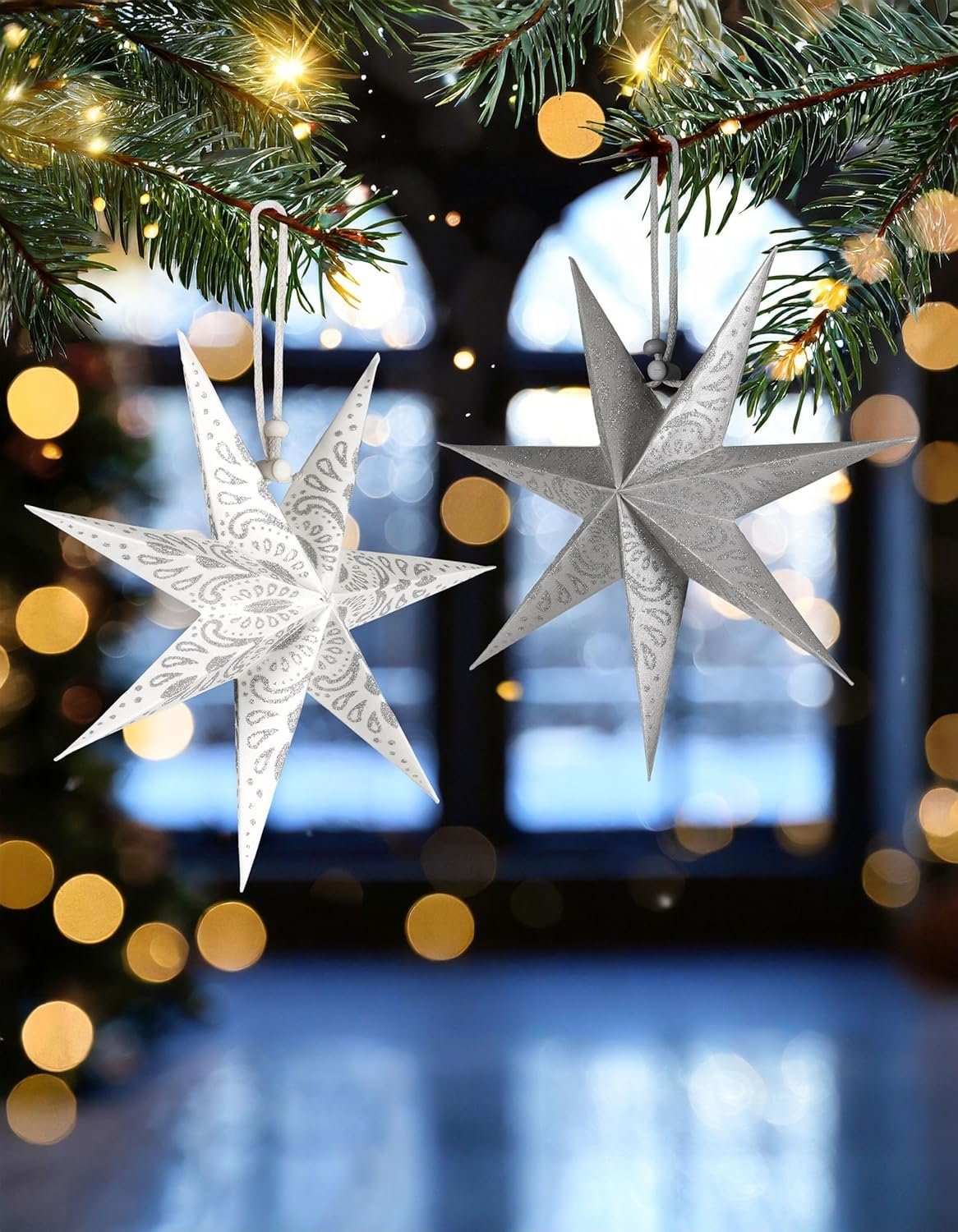 Silber Weihnachten Sterne, Papier Weihnachtsbaum Faltsterne Großer Papiersterne 6 Christbaumschmuck für cm 20 Fenster - und - BRUBAKER Weihnachtssterne Dekoration und Weiß