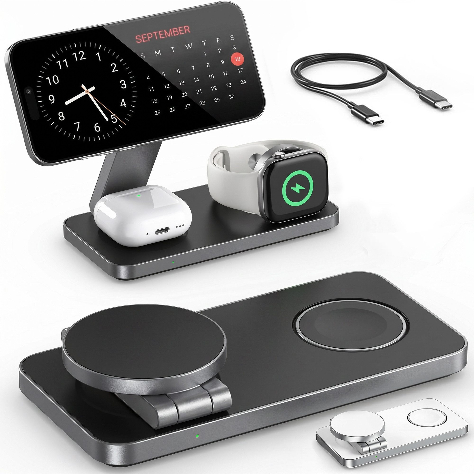 GreenHec Ladestation Apple Watch iPhone 3in1 MagSafe Ladegerät Wireless Charger Wireless Charger (3000 mA, Spar-Set, 3in1 PowerBase + USB-C Kabel + 20w Dual Charger, 18 17 16 15 14 13 Pro Max Air Charging Station Induktionsladegerät)
