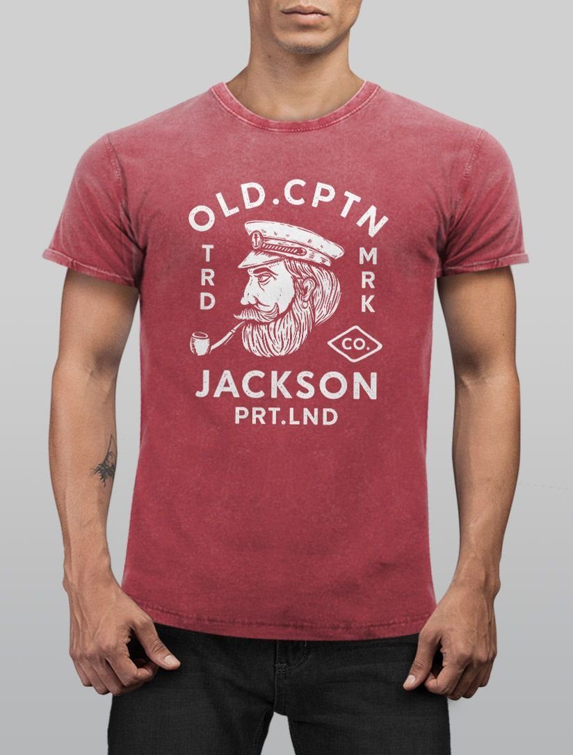 Neverless Print-Shirt Herren Printshirt Slim Used Neverless® Jackson Motiv Vintage Print mit Shirt Old rot Look Cptn Aufdruck Fit Kapitän Retro