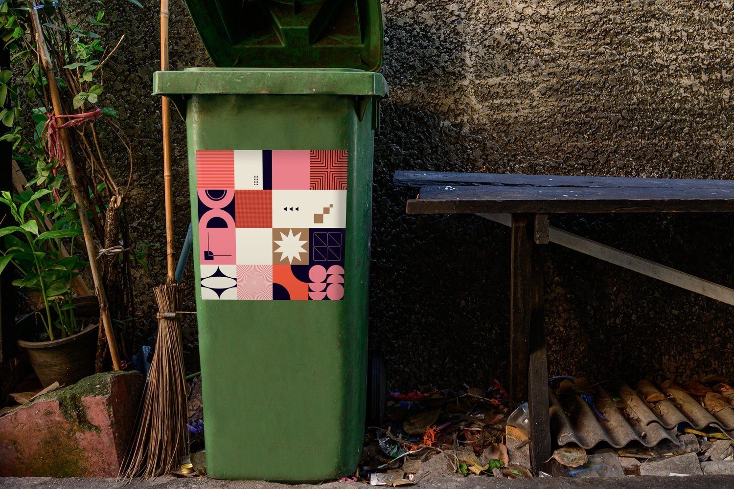 MuchoWow Formen Sticker, St), Vintage Mülltonne, (1 - Mülleimer-aufkleber, Wandsticker - Geometrie Muster - Container, Abfalbehälter