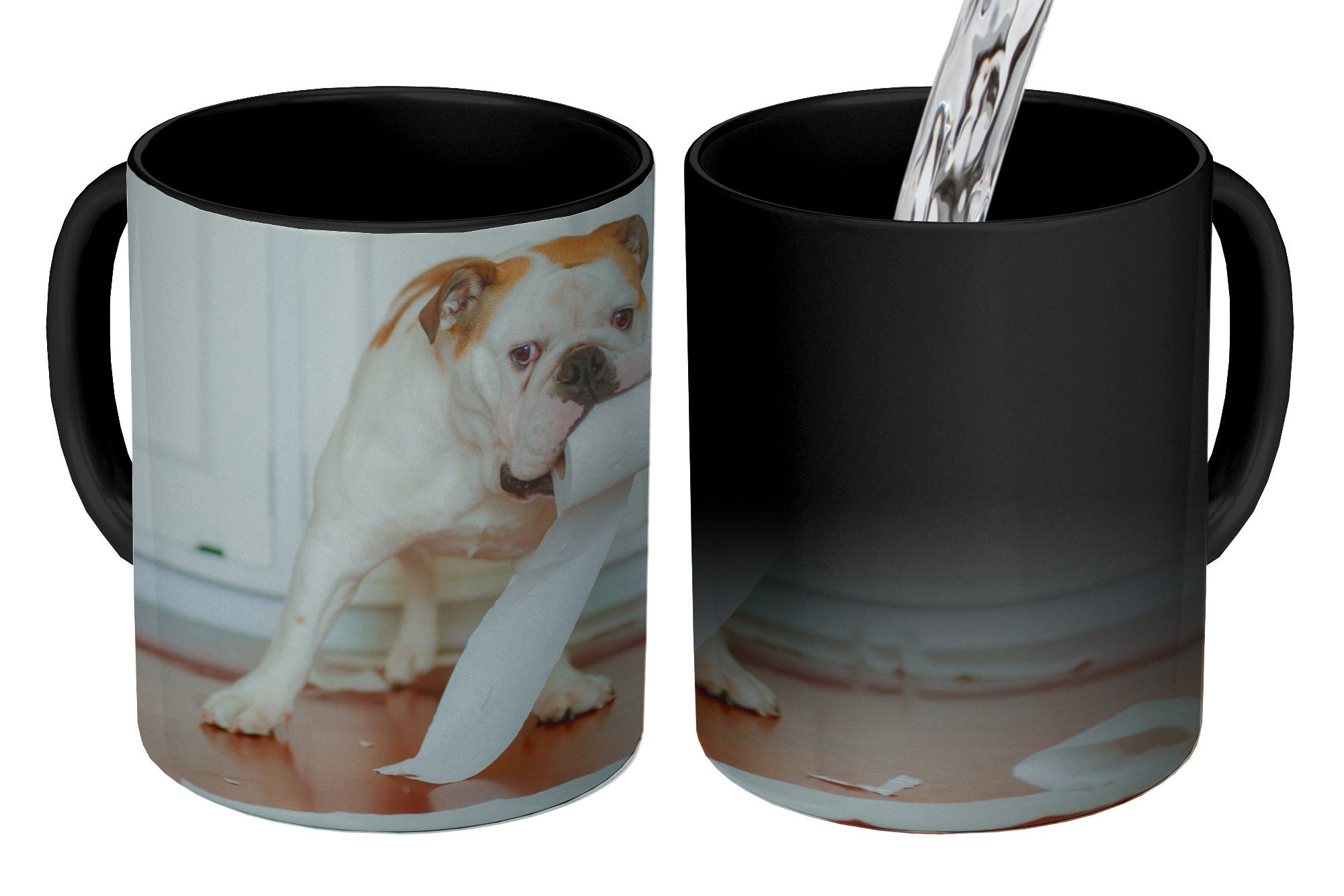 MuchoWow Tasse Hund spielt mit Toilettenpapier, Keramik, Farbwechsel, Kaffeetassen, Teetasse, Zaubertasse, Geschenk | Tassen