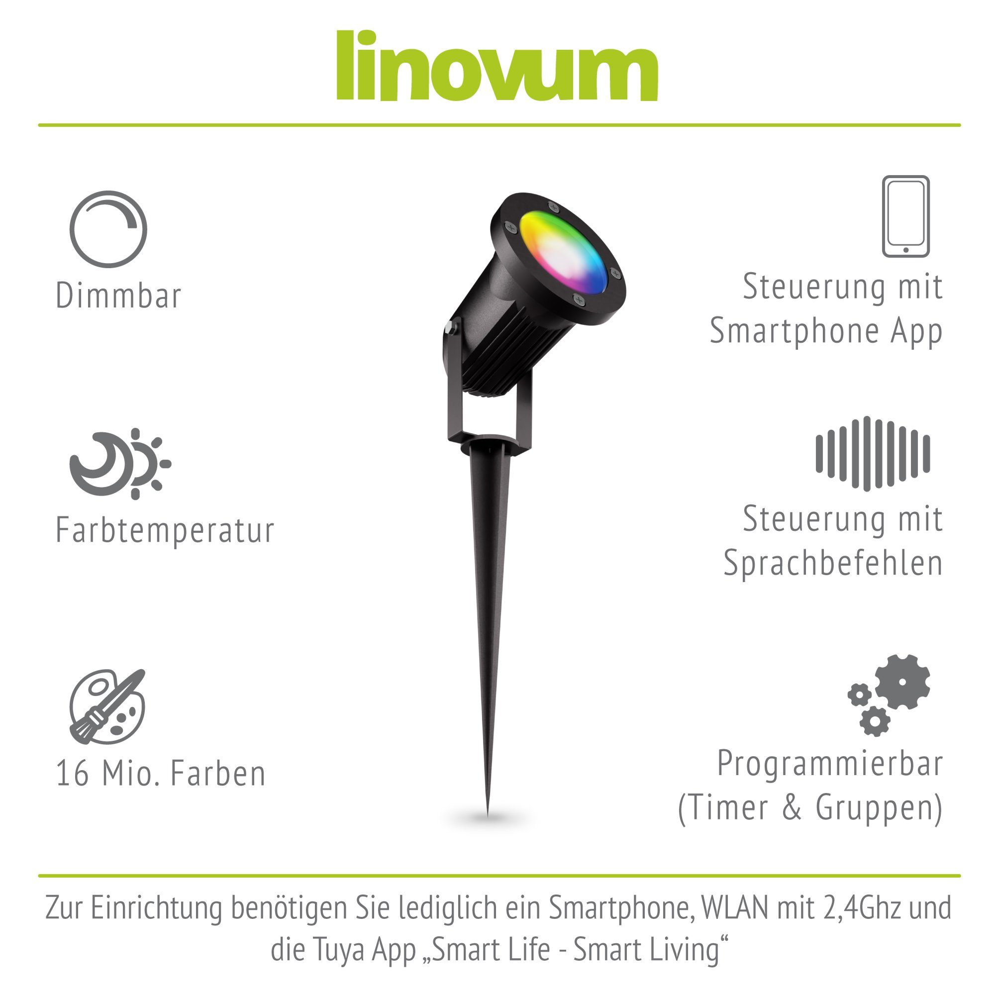 linovum LED Außen-Wandleuchte CARI Gartenstrahler GU10 IP65/IP44 2m Smart Kabel inklusive, dimmbar, Leuchtmittel Erdspiess inklusive Leuchtmittel