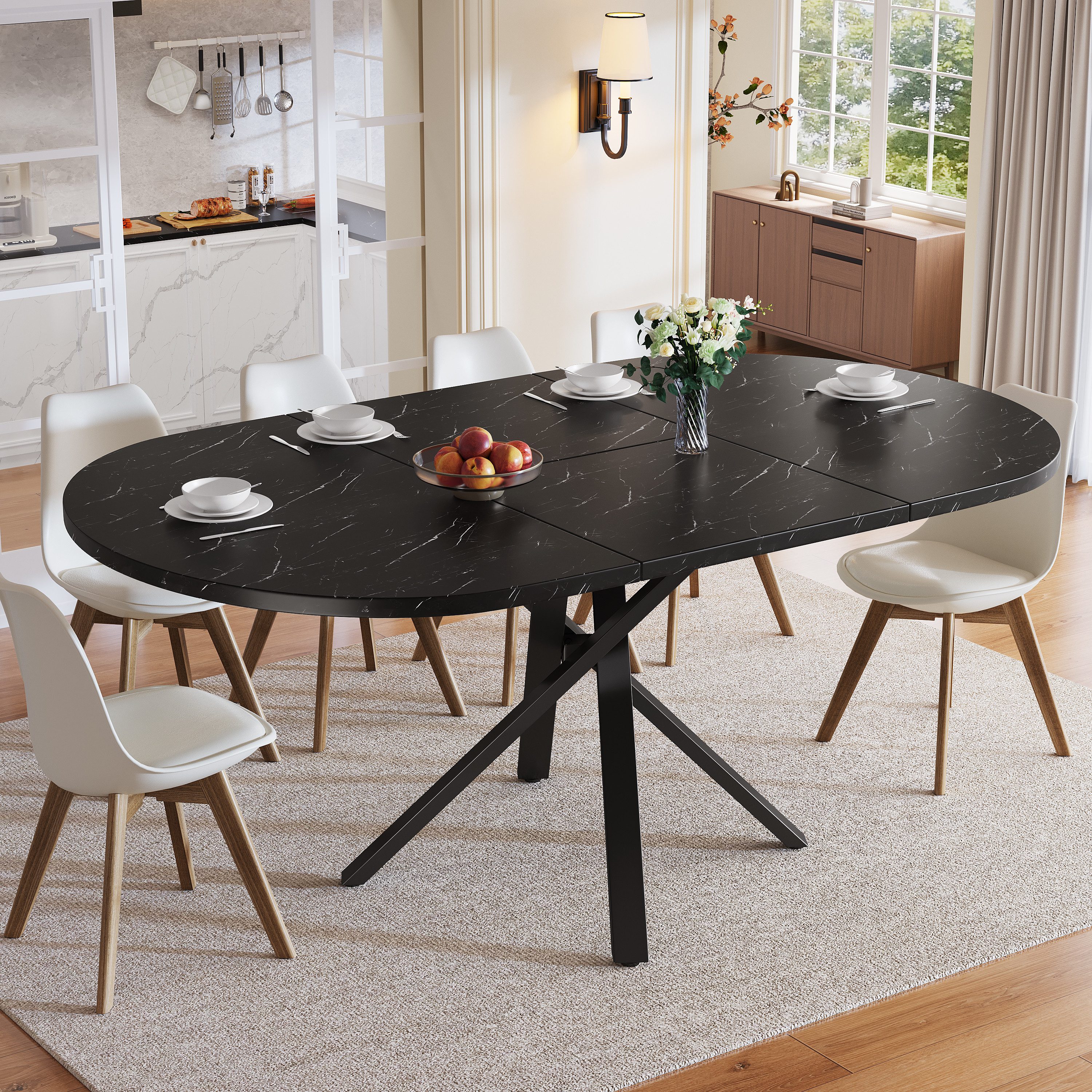 i@home Esstisch Runder Ausziehtisch (1 Tisch), (100 -140 cm) x 75,5 cm hoch, Mit robustem X-Metallgestell in Schwarz