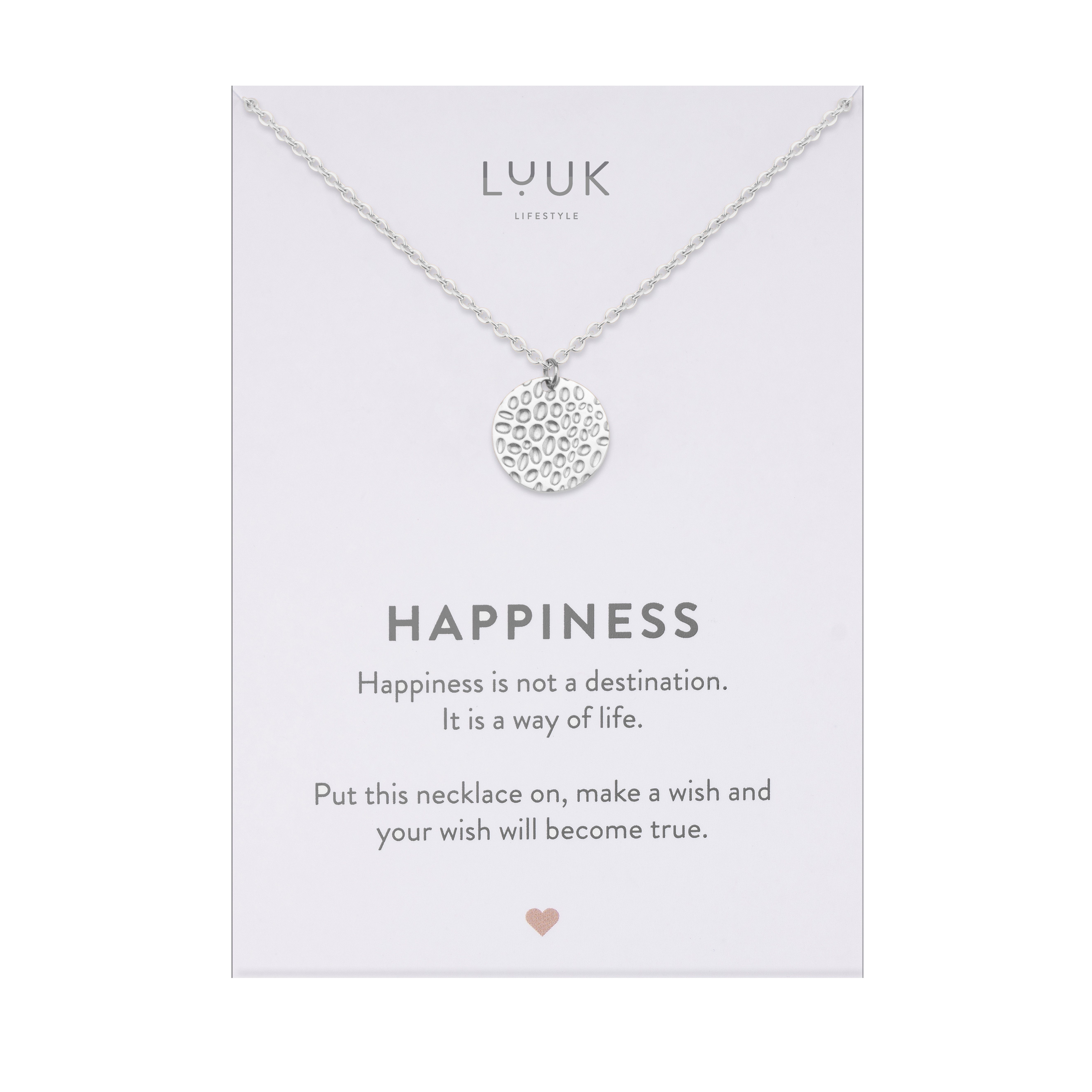 LUUK LIFESTYLE Kette mit Anhänger Boho Coin hammered, mit Happiness Spruchkarte, wasserfest und hautverträglich