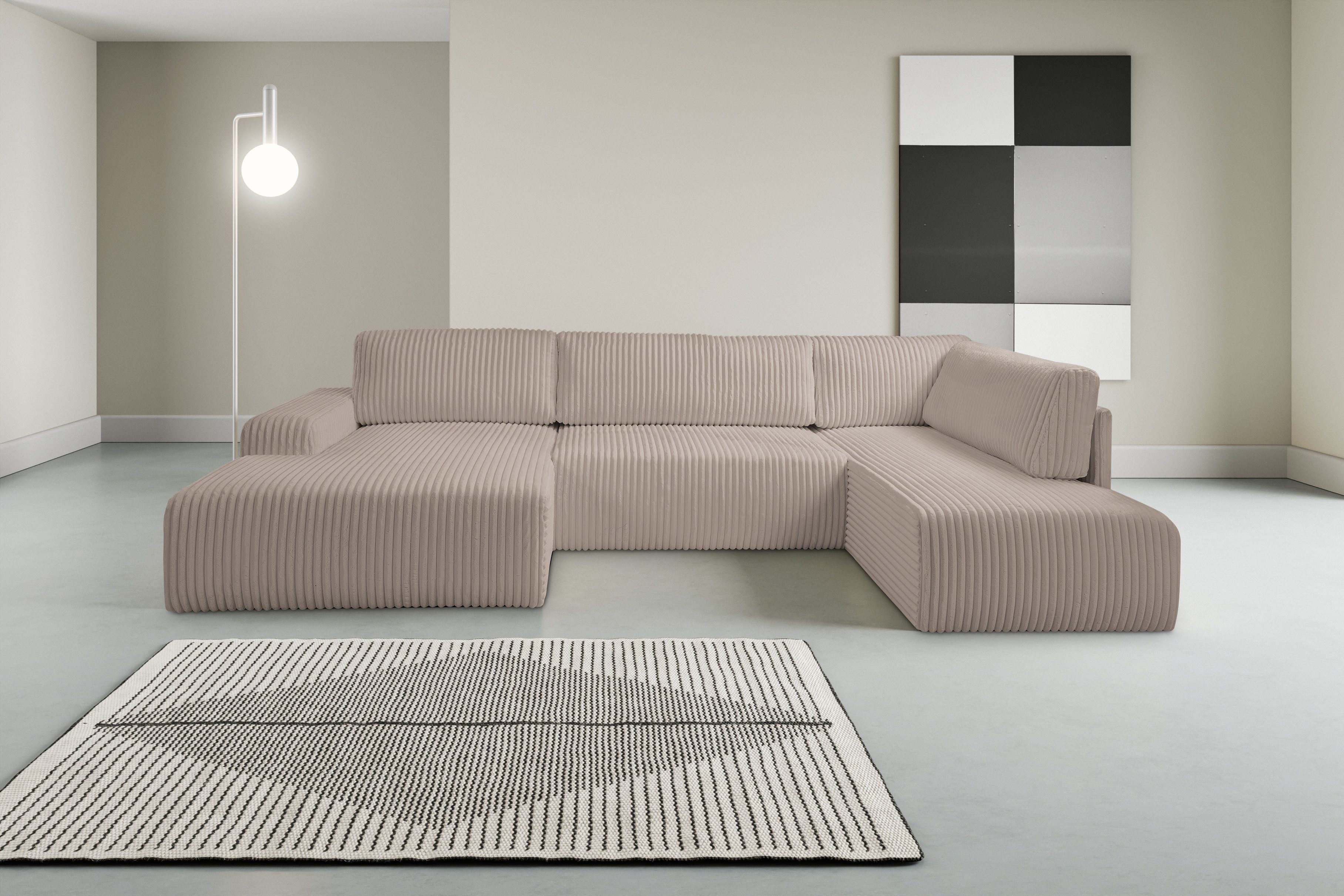 WERK2 Wohnlandschaft Rotterdam 325 x 190 cm modern und bequem, Breitcord, U-Form, XXL, Schlaffunktion, Bettkasten