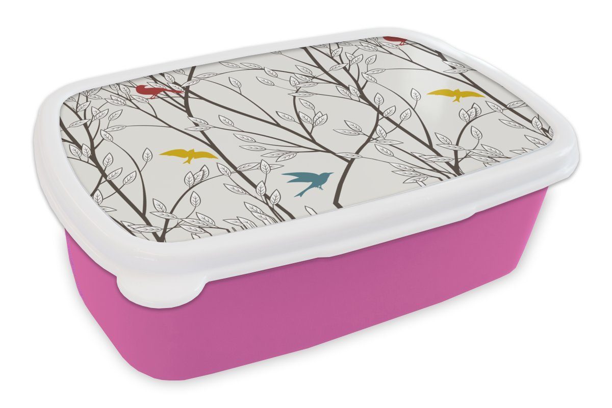 MuchoWow Lunchbox Muster - Pflanzen - Vogel, Kunststoff, (2-tlg), Brotbox für Erwachsene, Brotdose Kinder, Snackbox, Mädchen, Kunststoff rosa