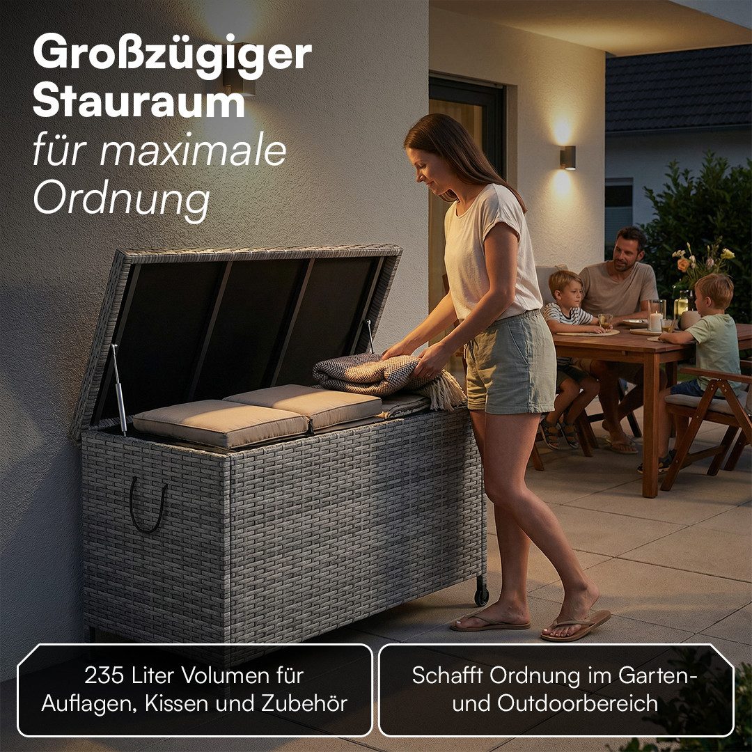 STEELSØN Aufbewahrungsbox Serion Gartenkiste aus Polyrattan (grau, 110 x 55 x 60 cm, mit Rollen), herausnehmbare Innenplane, wetterfeste Gartenbox mit Metallges – Bild 3 von 5