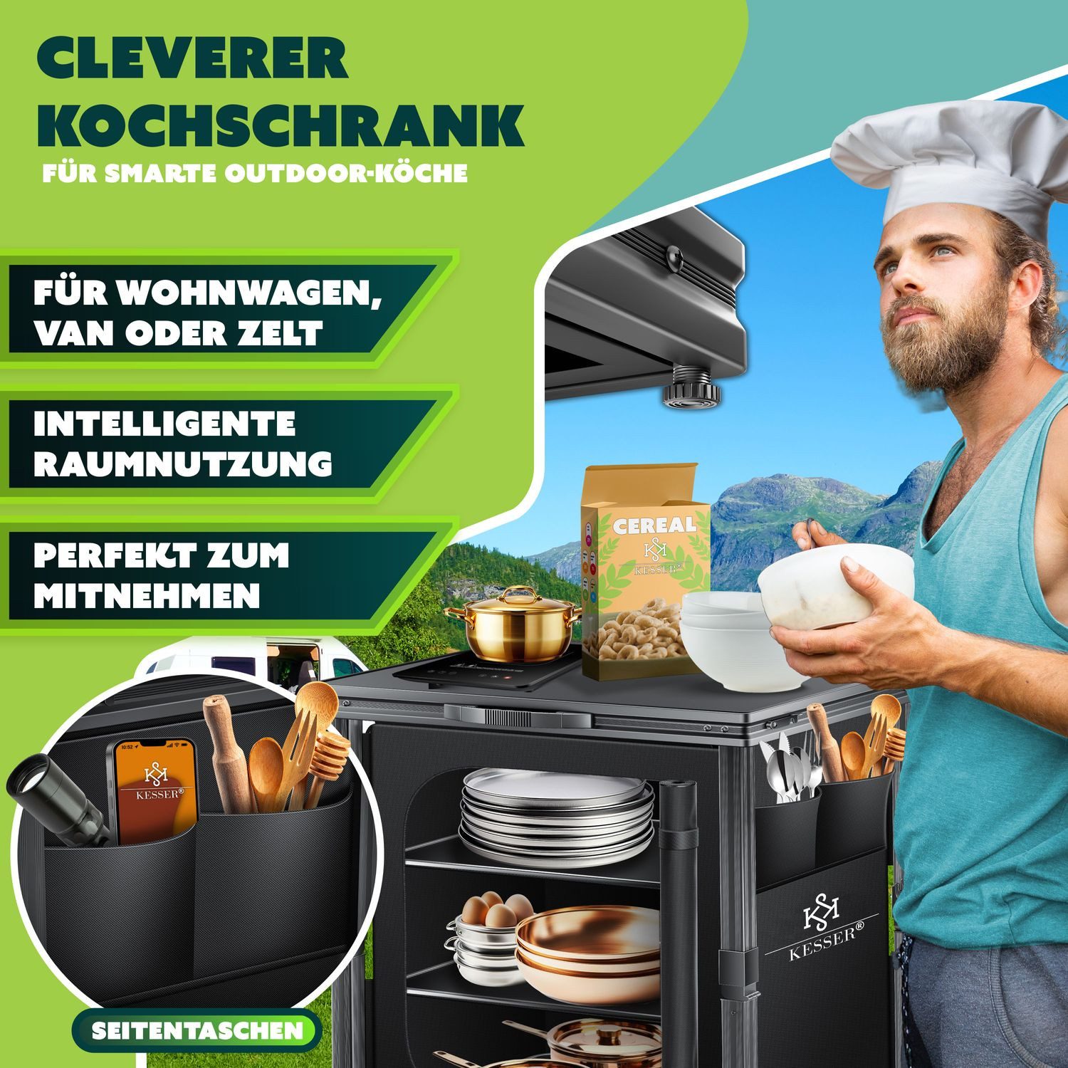 KESSER Campingschrank mit Aluminiumgestell Campingküche faltbar 60x80cm 3-Fachböden (Küchenschrank inkl. 4er Becherset, Seitentaschen & Fliegengitter) Outdoor Camping Küche UV-resistent