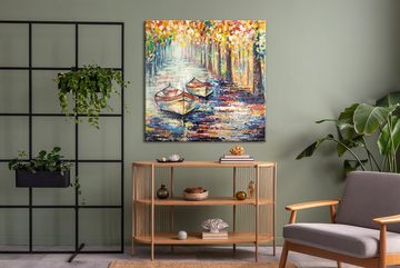 YS-Art Gemälde Herbstlicher Anlegeplatz, Landschaft, Segelboote Baum Bunt Leinwand Bild Handgemalt