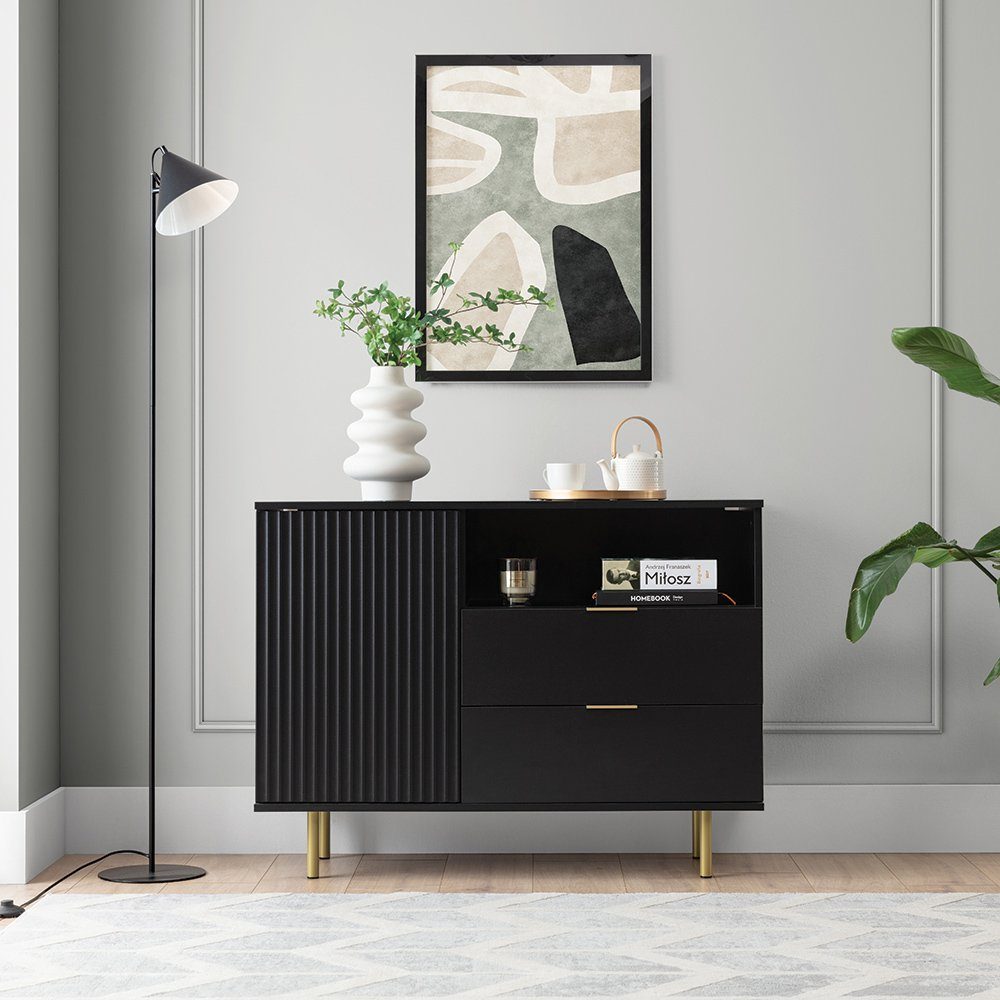 Lomadox Kommode NADOR-132, 107cm breit, matt schwarz, goldfarbene Metallgriffe und -füße