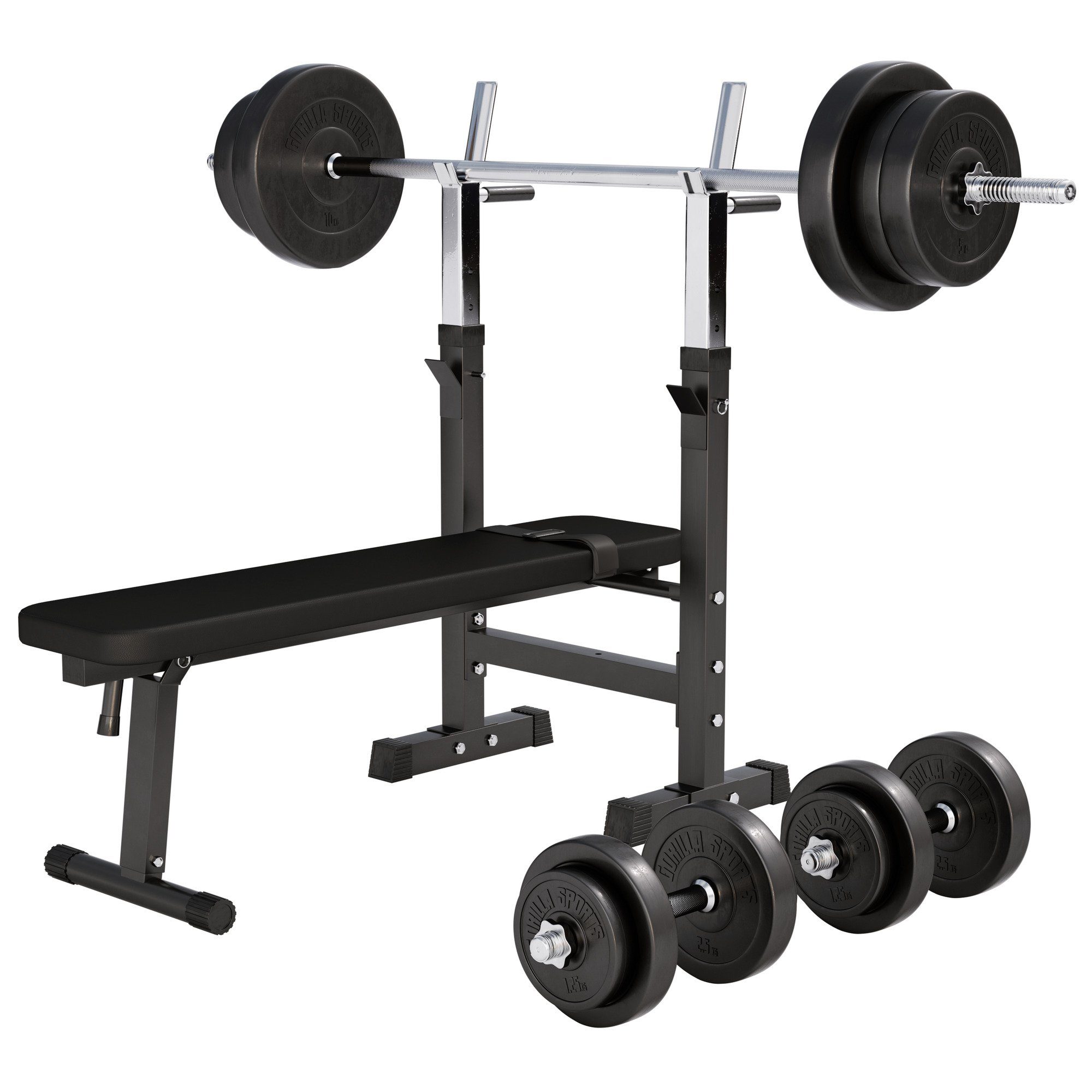GORILLA SPORTS Hantelbank Hantelbank mit Langhantelset, (14-tlg)