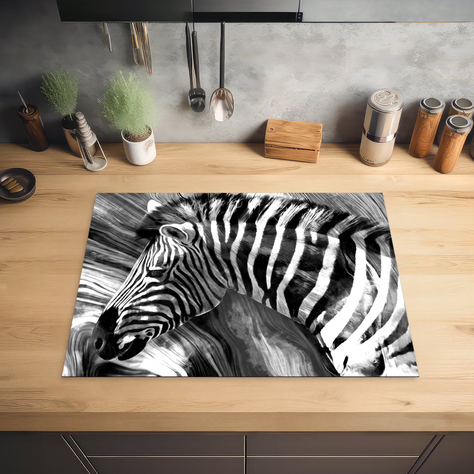Tiere - - nutzbar, Zebra Gemälde cm, Schwarz Weiß, - MuchoWow (1 - - Herdblende-/Abdeckplatte tlg), Ölfarbe Ceranfeldabdeckung Arbeitsfläche Vinyl, Mobile 70x52