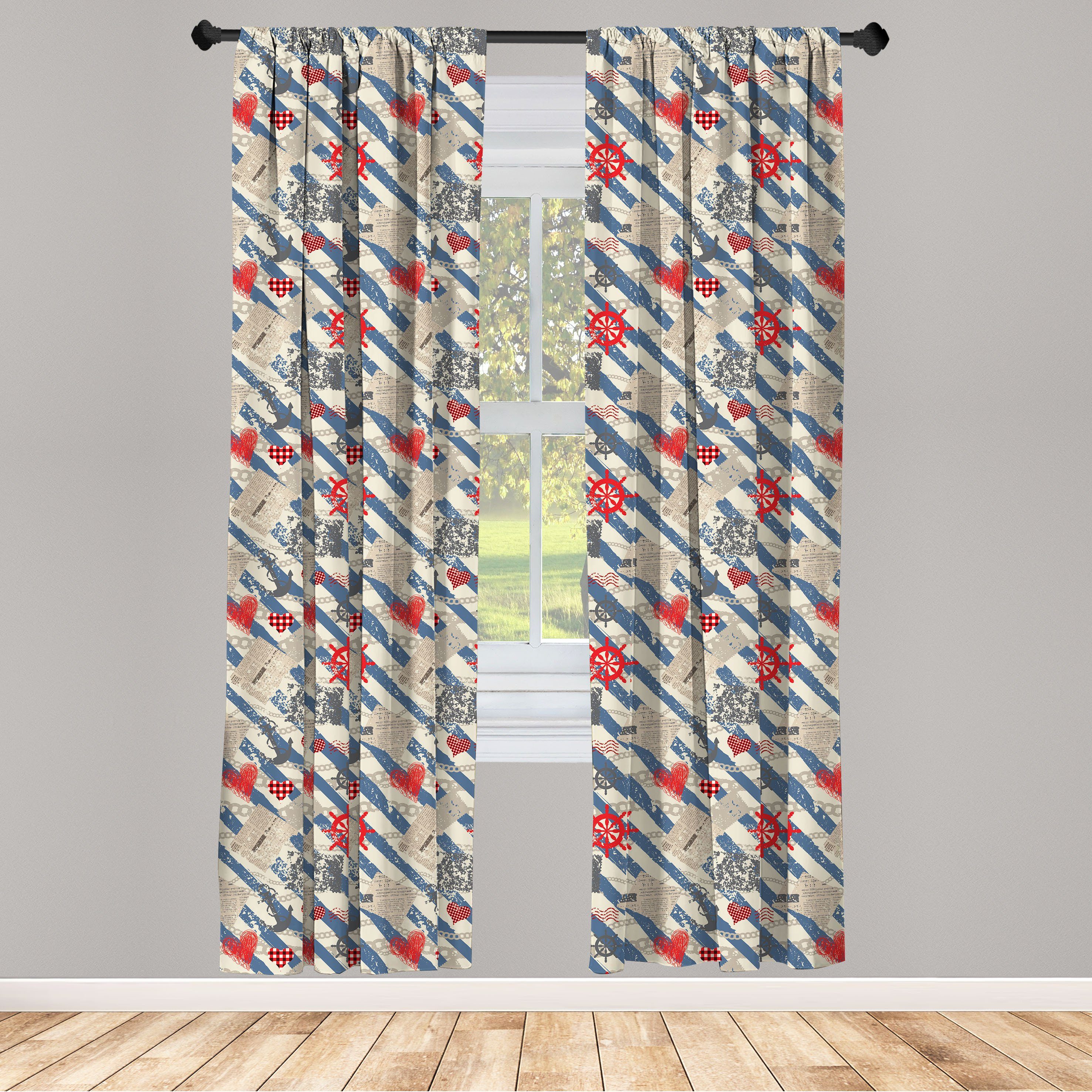 Gardine Vorhang für Schlafzimmer Abakuhaus, Wohnzimmer Nautisch Dekor, Microfaser, Grunge-Rad-Herz