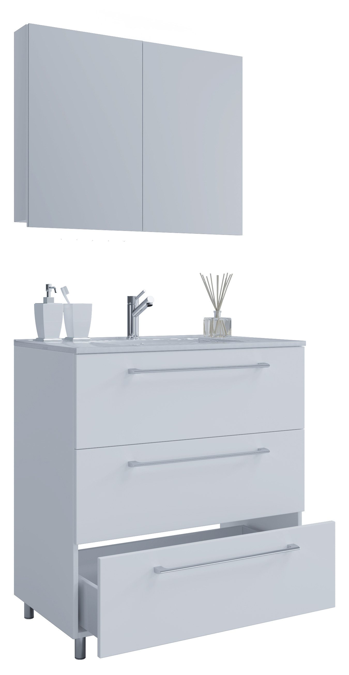 VCM Waschtisch 3 teilig Badmöbel-Set Waschplatz Badinos (Set, 3-St., 1x Unterschrank 1x Waschbecken 1x Spiegel), 3-tlg. Waschplatz, Waschbecken Unterschrank Breite 80 cm, Badmöbel