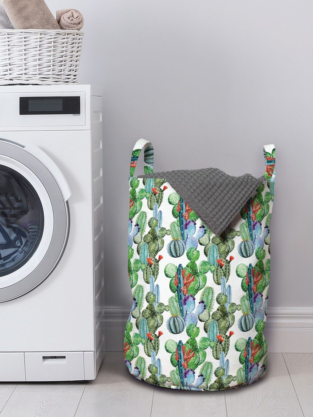 Abakuhaus Verschiedene Typen für Waschsalons, Wäschesäckchen Kordelzugverschluss Griffen Wäschekorb mit Kaktus Kunstwerk