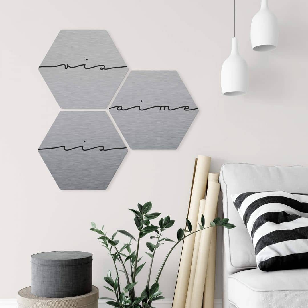 Gemälde Alu-Dibond Poster Silber Optik Vis Ris Aime Leben Lachen Lieben 3er Set