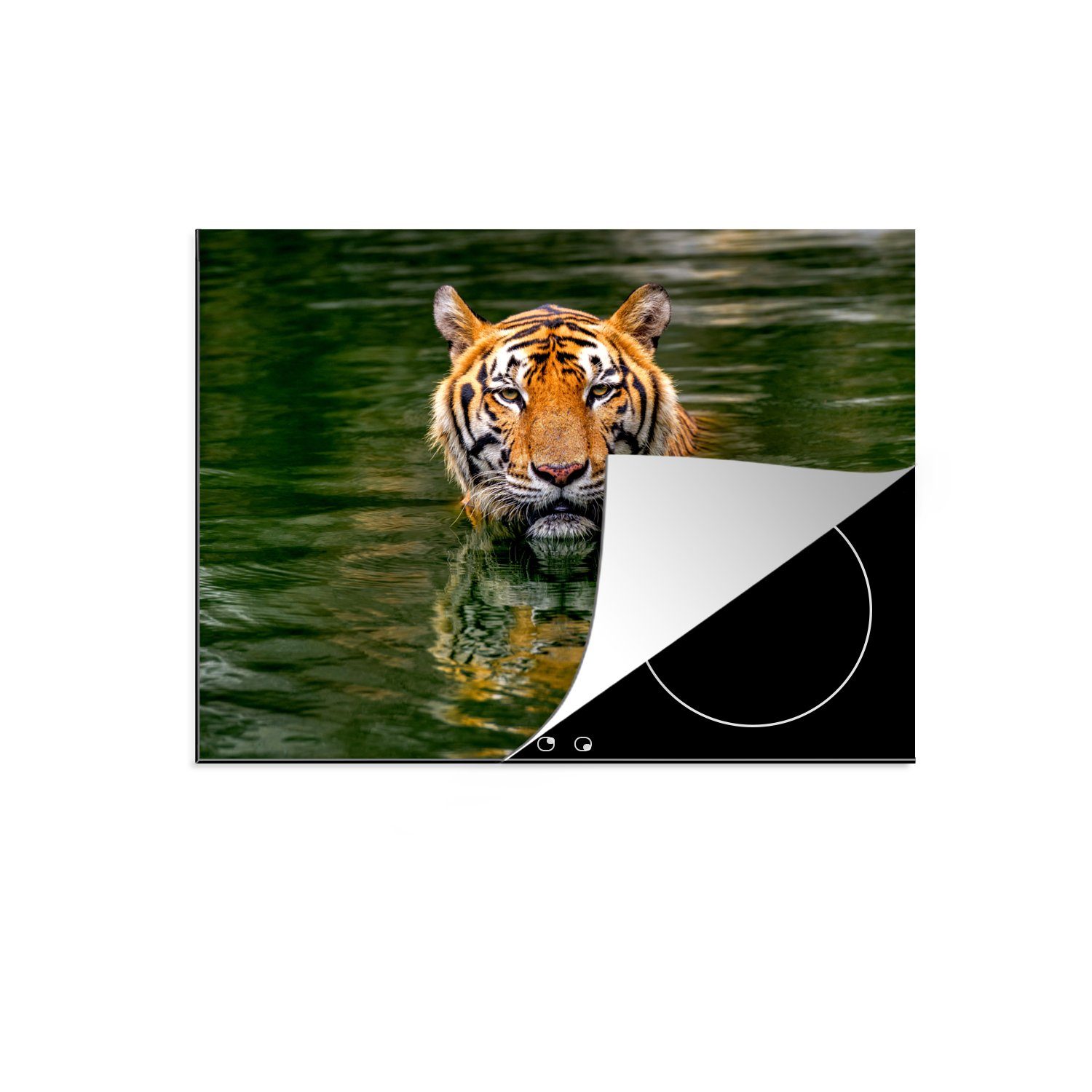 MuchoWow Herdblende-/Abdeckplatte Tiger im Wasser, Vinyl, (1 tlg), 70x52 cm, Mobile Arbeitsfläche nutzbar, Ceranfeldabdeckung | Herdabdeckplatten