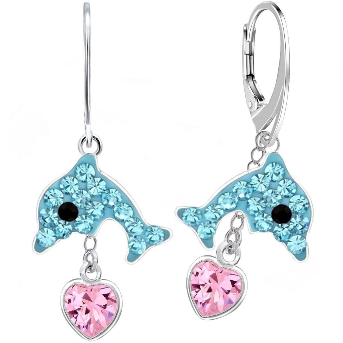 Paar Ohrhänger Delfin mit Rosa Herz Zirkonia Klappbrisuren 925 Silber Ohrringe