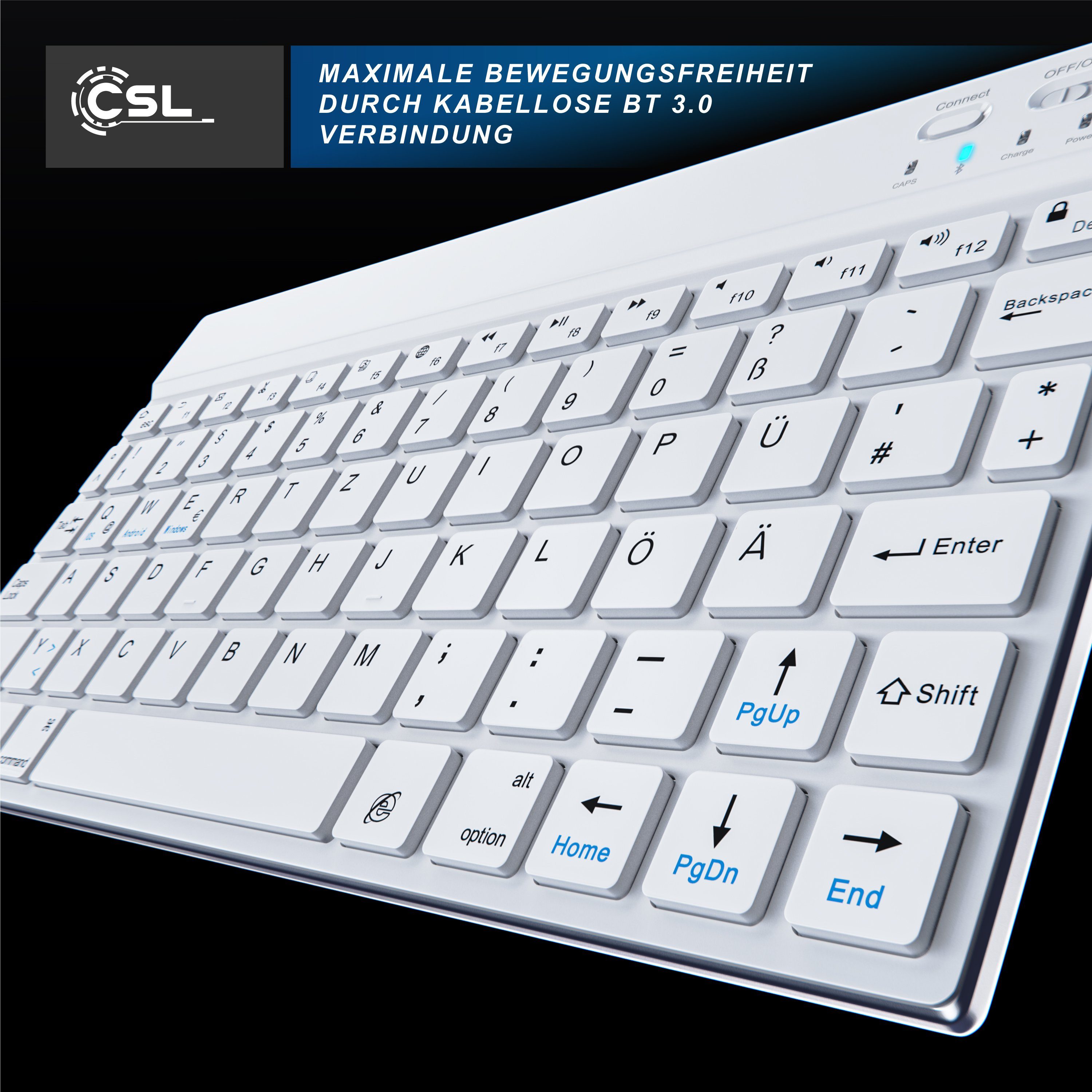 CSL Wireless-Tastatur (Ultra Slim Keyboard, weiß/silber Deutsches Alugehäuse, BT Bluetooth, Layout, 3.0)