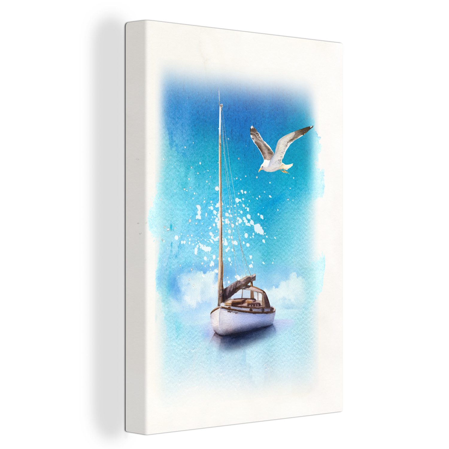 OneMillionCanvasses® Leinwandbild Boot - Meer - Möwe, (1 St), Leinwandbild fertig bespannt inkl. Zackenaufhänger, Gemälde, 20x30 cm