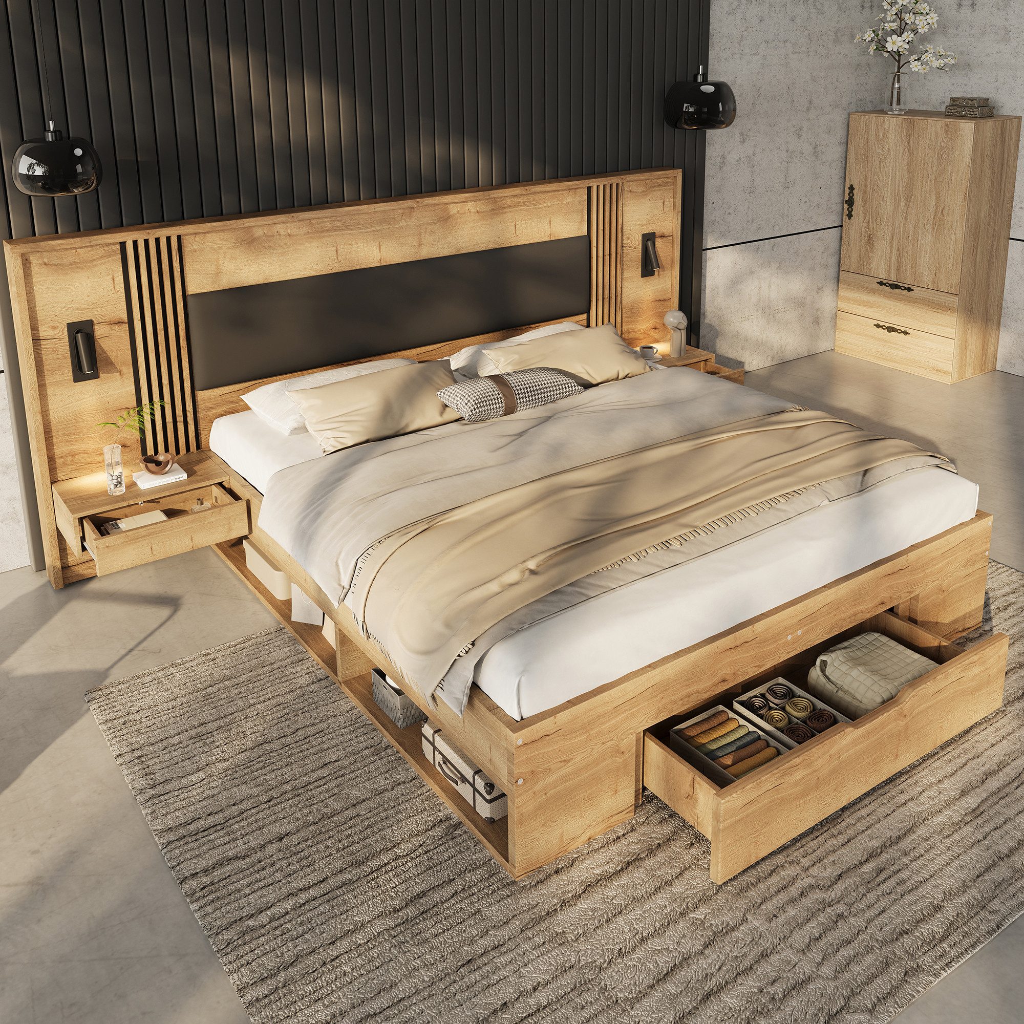 Flieks Holzbett, Stauraumbett Doppelbett 180x200cm mit Leselampe Nachttische Schublade