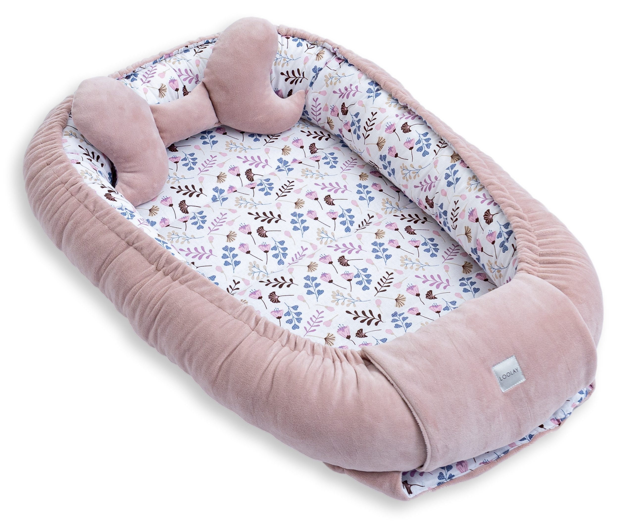 Loolay Kuschelnest BABYNEST 5 TLG. Set PREMIUM Babyausstattung Baumwolle & Samt Velours, (MUSTER: ROSA Samt Velour/ Blumen Rosa, 5-tlg., Liebevoll handgefertigt – Bild 5 von 5