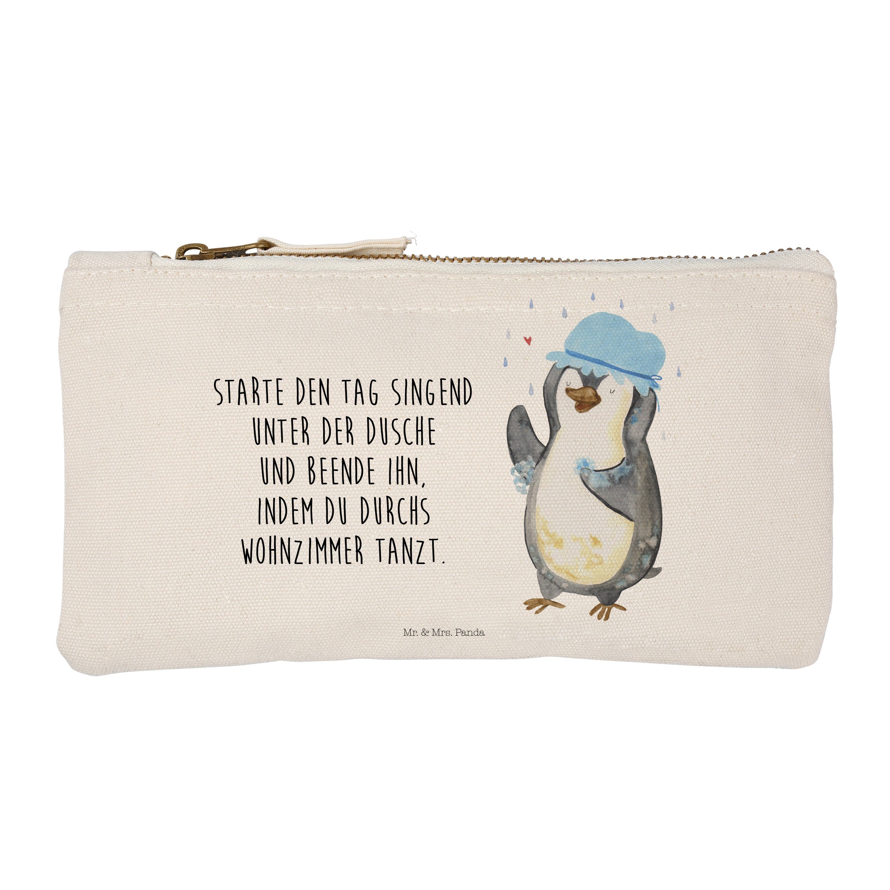 Mr. & Mrs. Panda Kosmetiktasche Pinguin duscht - Weiß - Geschenk, Schminktasche klein, duschen, Kosme (1-tlg)