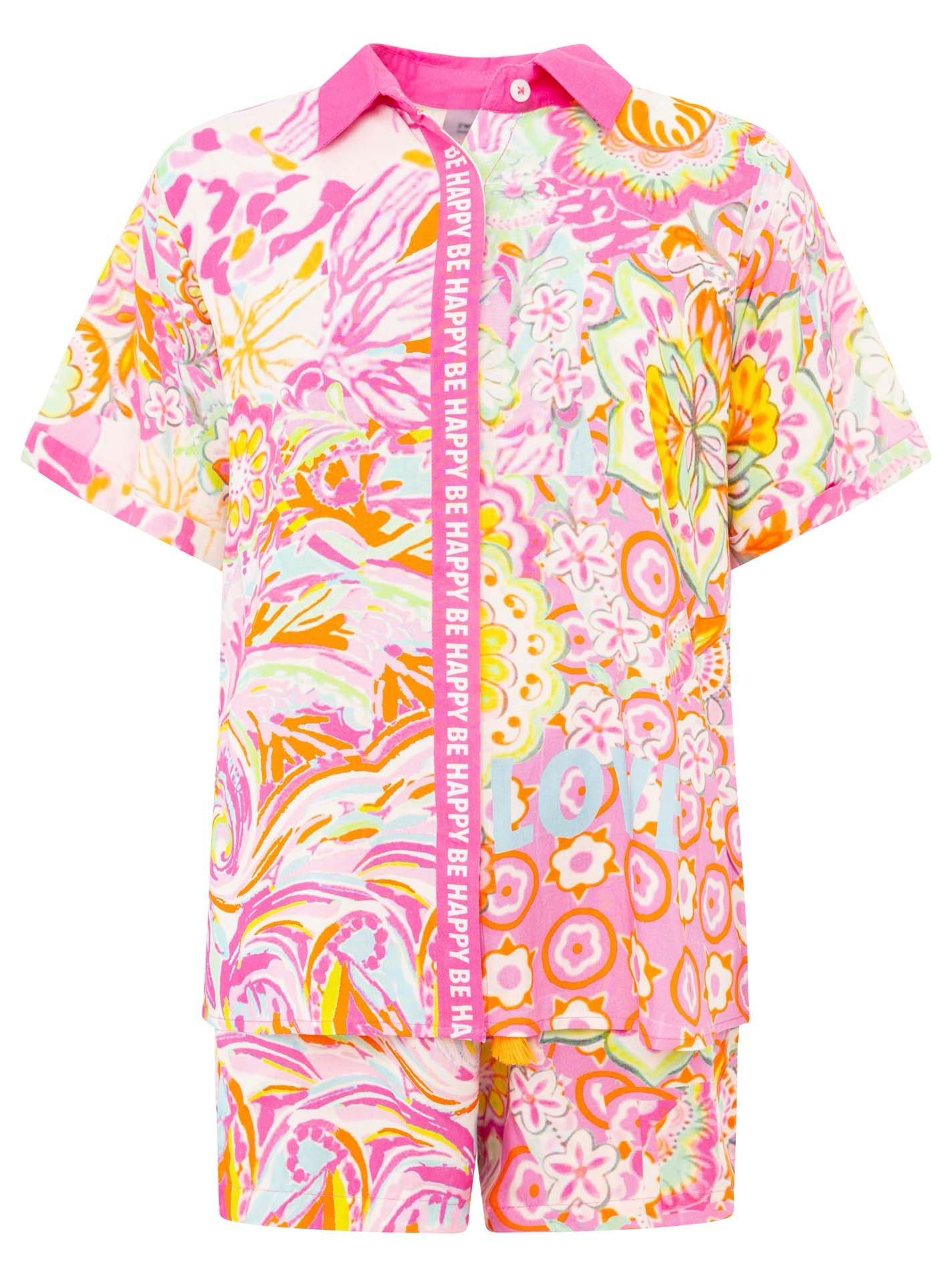 Zwillingsherz Bluse & Shorts Zwillingsherz Set "Power Aquarell" Bluse und Shorts lastisches Bündchen, Knopfleiste, Kordel mit Tasseln, Kragen
