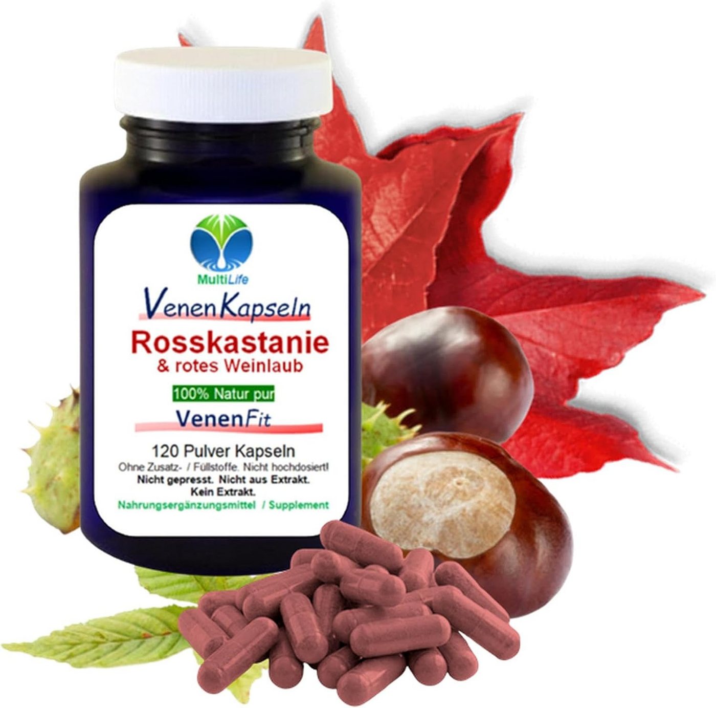 MultiLife Rosskastanie + Weinlaub für das Bein-Wohlbefinden ohne Zusatzstoffe Kapseln, 1 er Dose à 120 St., 66 g, Art. 27337-120