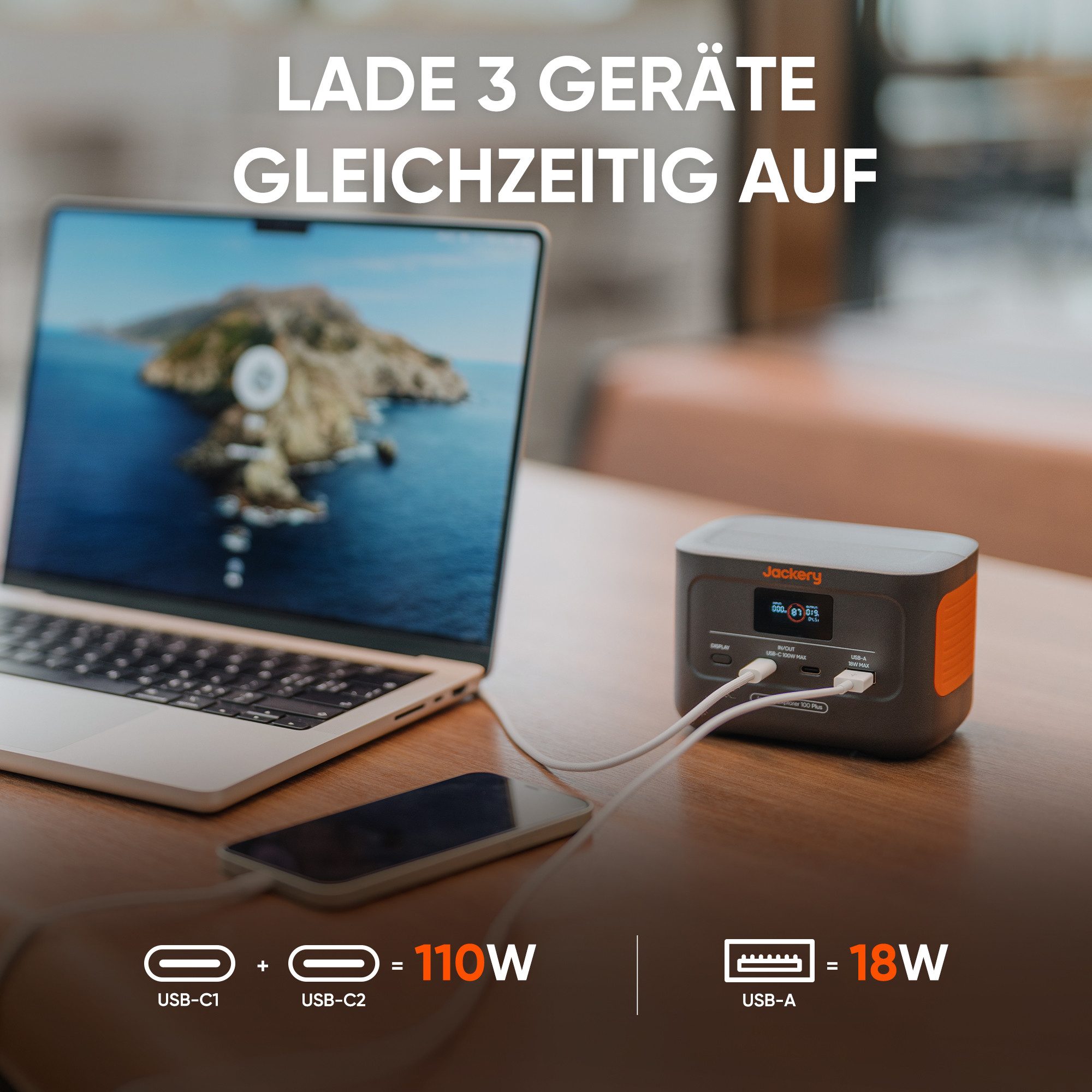 Jackery Solargenerator 100 Plus tragbare Powerstation mit 1xSolarSaga 40W Mini, 99Wh Solar Generator mit 128W Ausgang, 3-Port Schnellladung für Camping/Wohnmobil 6200 mAh (12, 5, 9 V)
