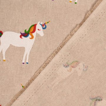 SCHÖNER LEBEN. Stoff Dekostoff Leinenlook Unicorn Colourful Einhörner natur bunt 1,40m