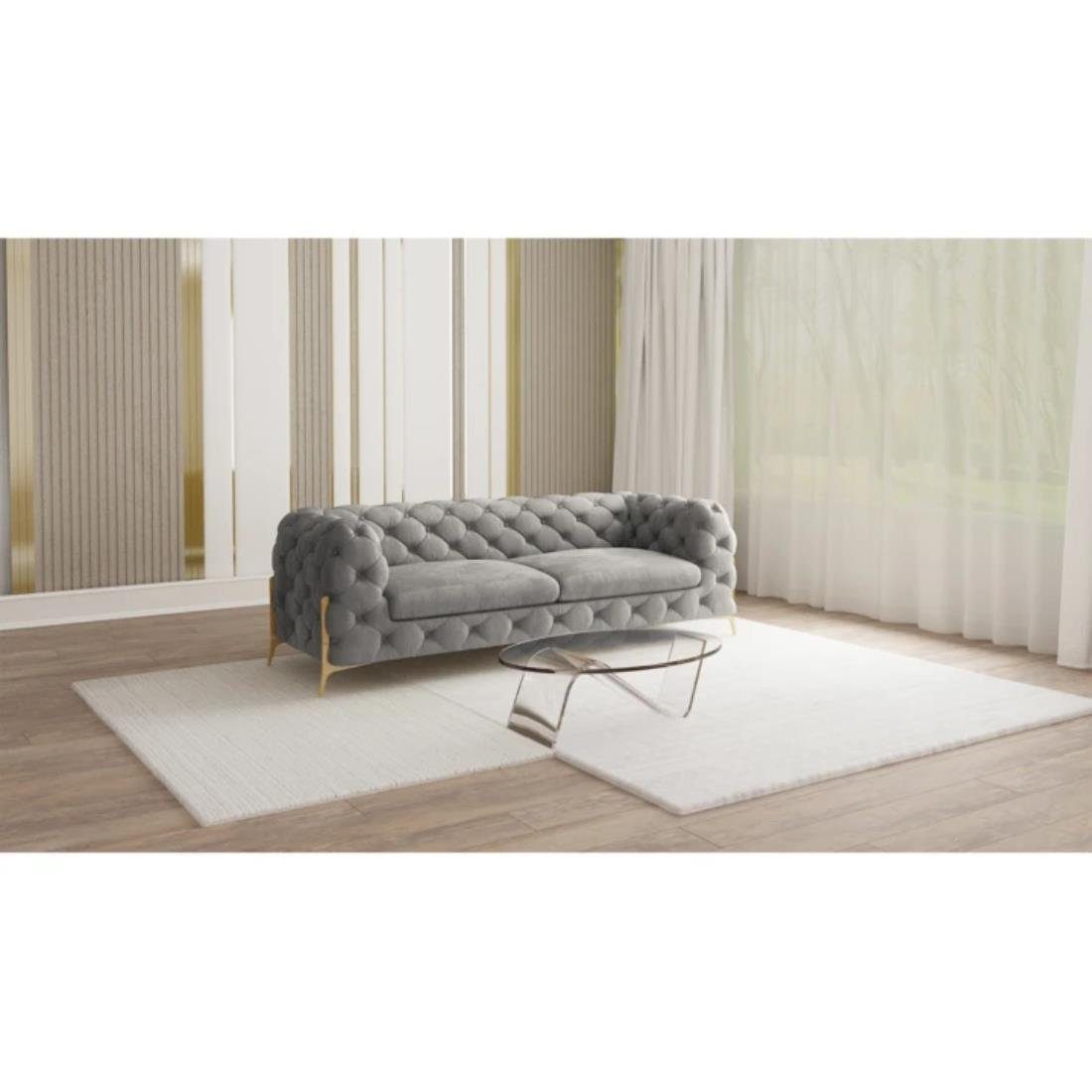 S-Style Möbel 3-Sitzer Ashley Chesterfield Sofa mit Goldene Metall Füßen, mit Wellenfederung Grau