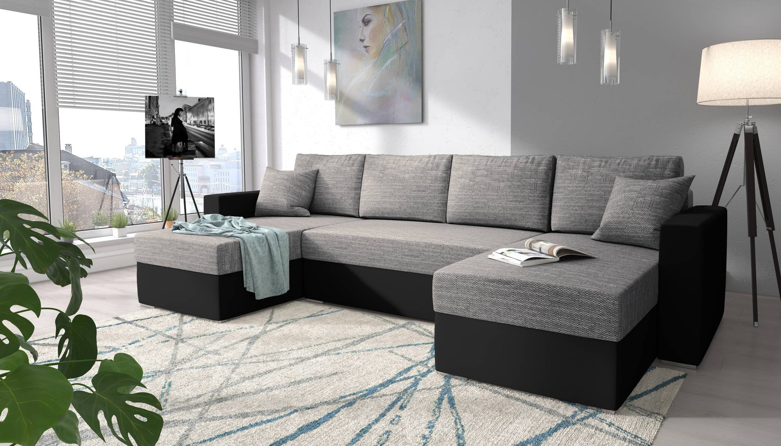 U-Form, inklusive Sitzkomfort, Sofa, Wohnlandschaft Design Bettfunktion Raum Kissen, im Stylefy Klassisch Rubicon, stellbar, frei Bettkasten, und mit