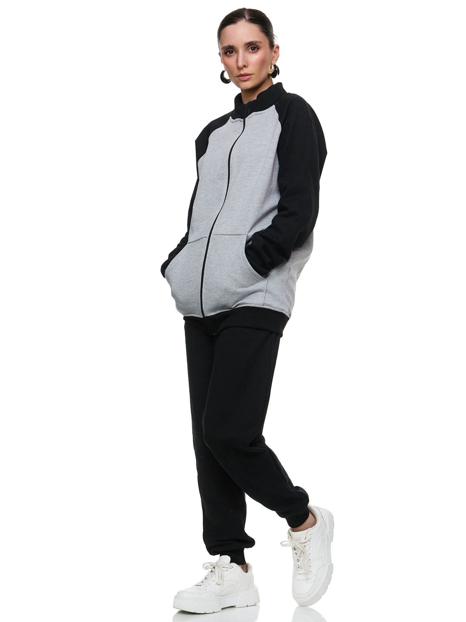 L.gonline Freizeitanzug Damen Trainingsanzug Freizeitanzug ohne Kapuze 500A Grau, S (Sweatjacke ohne Kapuze mit Hose, 2-tlg), Fitness Freizeit Casual