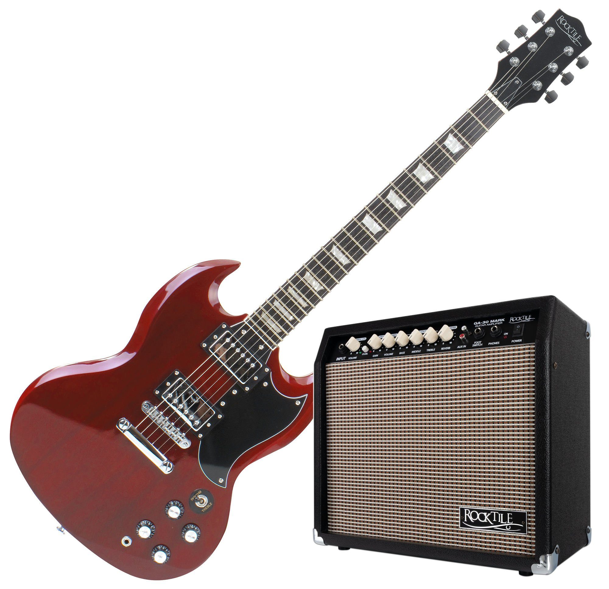 Rocktile E-Gitarre Pro S-Red E-Gitarre Heritage Cherry Verstärker Set - 2  Humbucker Tonabnehmer - Ahorn-Hals - 30 Watt Gitarrencombo mit 2 Kanälen -  8" Speaker - Gitarrenkabel, Set inkl. 30 Watt Gitarrencombo mit 2 Kanälen  (Clean/Drive)