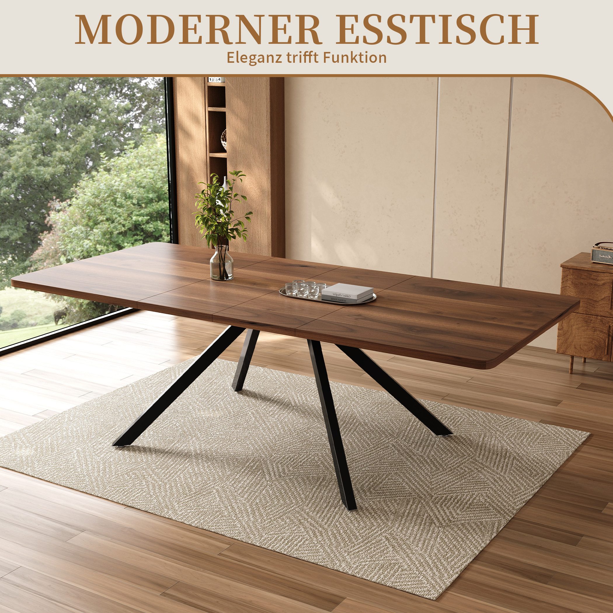 SeedWave Esstisch Ausziehbarer Küchentisch 160-240cm mit Metallfüßen, für 6-10 Personen, rechteckige Tischplatte in Holzoptik, 2 Einsatzplatten