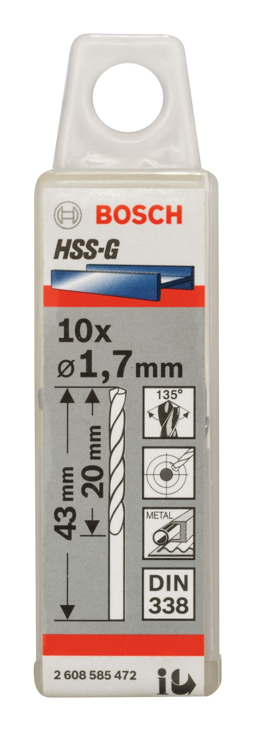 BOSCH Metallbohrer, (10 338) 1,7 - 20 x - x (DIN 43 mm 10er-Pack Stück), HSS-G