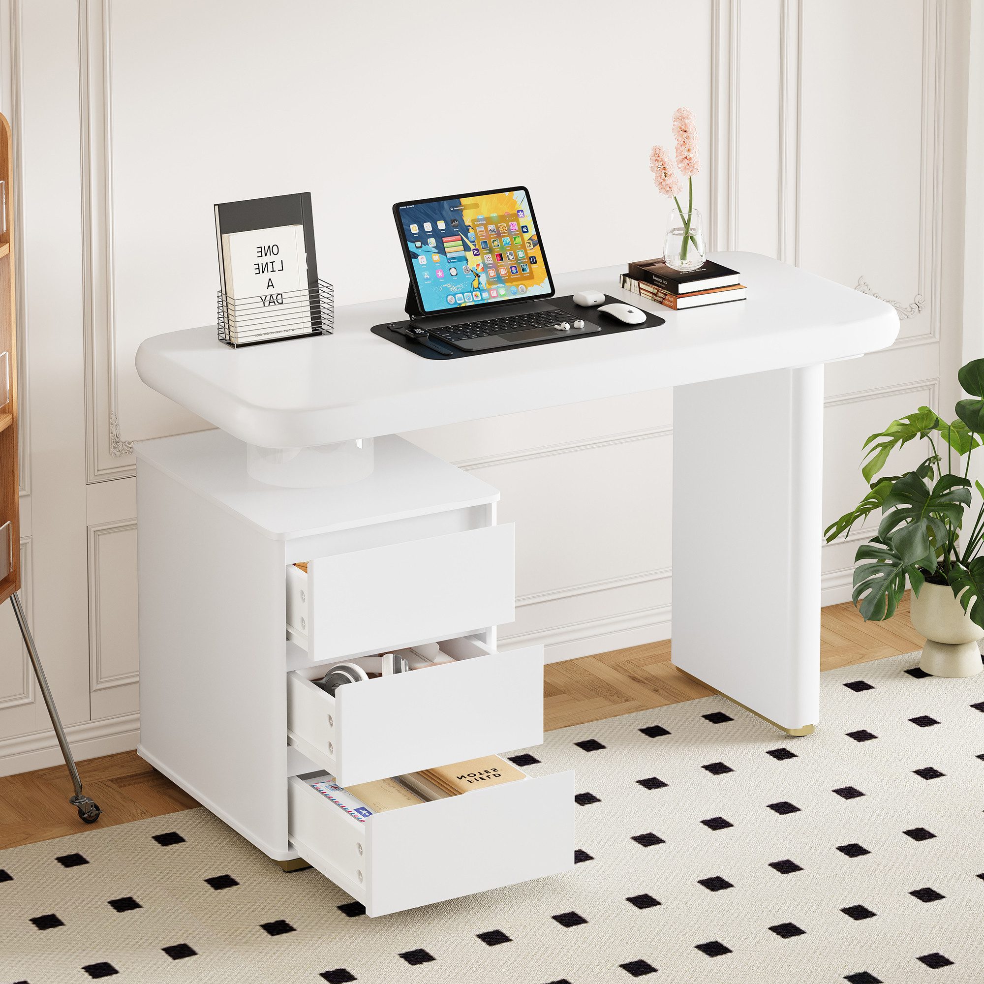Ulife Schreibtisch Französischer Schreibtisch 117×50×74 cm, Computertisch, Stehtisch (1-St), Wolkenform, 3 Schubladen & verdickten Tischplatte/Beinen