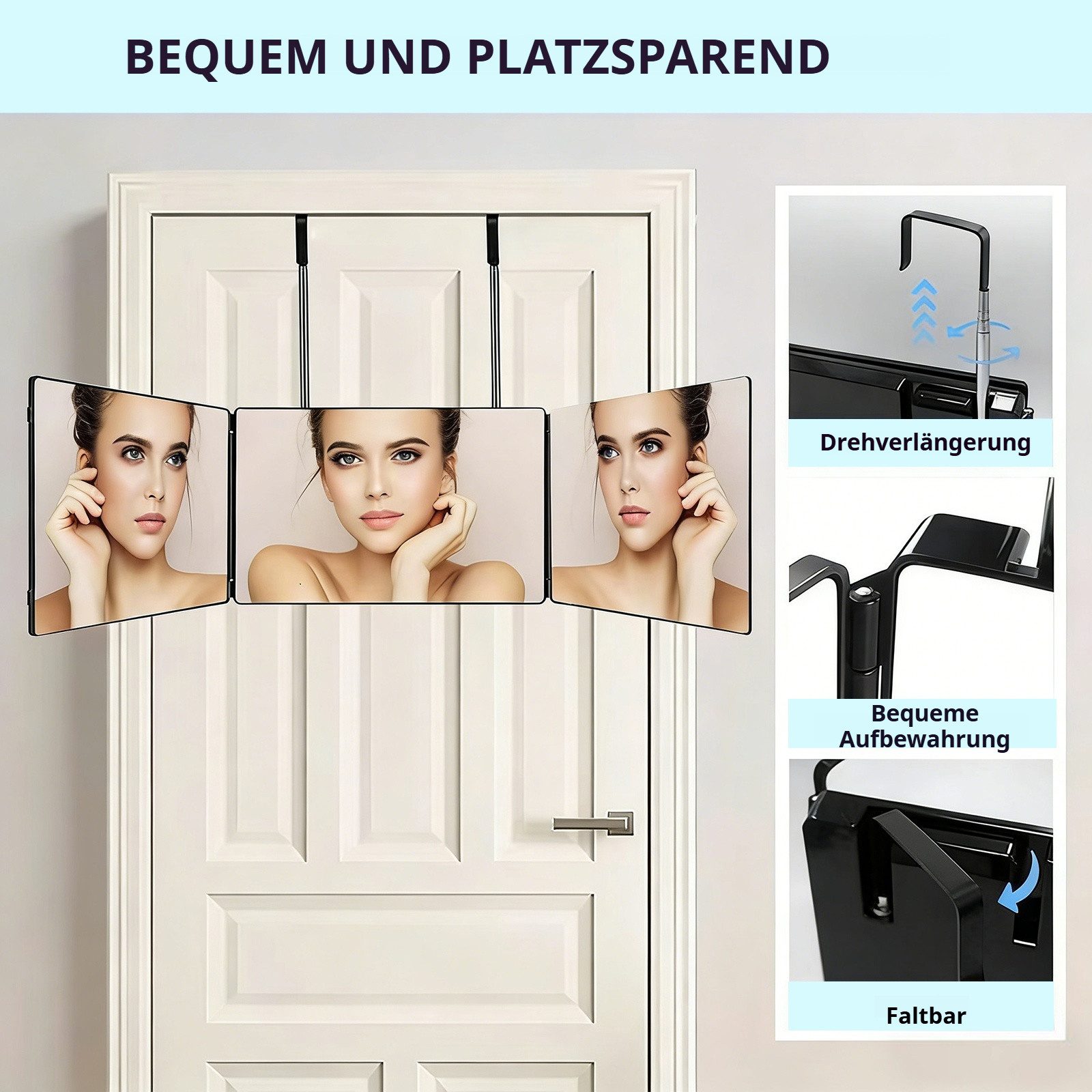 BlingBin Rasierspiegel 360 Grad Spiegel zum Aufhängen - Klappspiegel Trifold Spiegel 3-Fach (1 Stück, 1-St., 30.4*19*2.8cm), Höhenverstellbar für Haarstyling, Rasieren & Make-up
